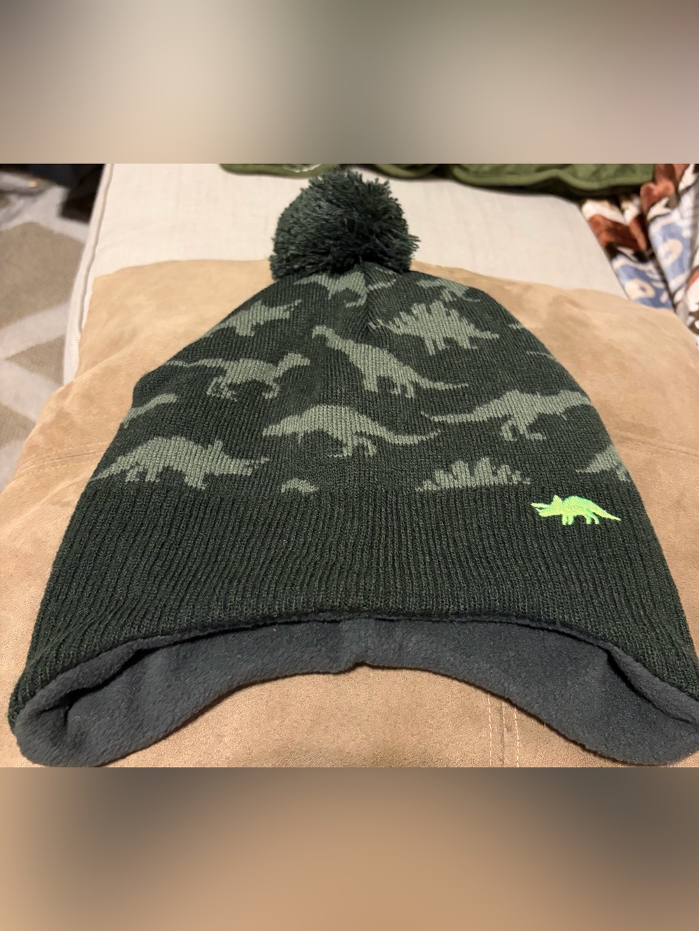 H&M Dark Green Dinosaur Pom-Pom Beanie Hat